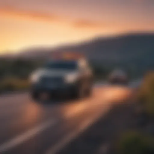 A serene landscape with a vehicle parked by the roadside during sunset, symbolizing safety and reassurance.