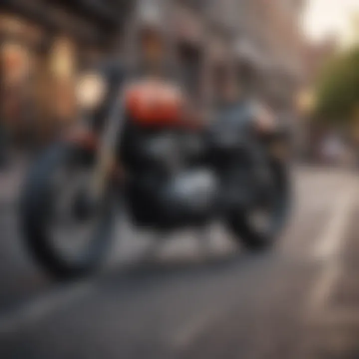 A visually striking street bike parked against an urban backdrop