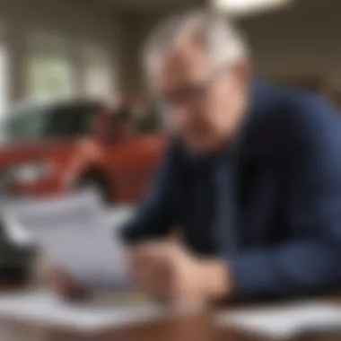 A senior driver examining a car insurance policy document