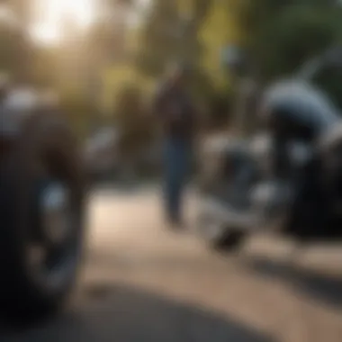 A rider inspecting their Harley Davidson motorcycle