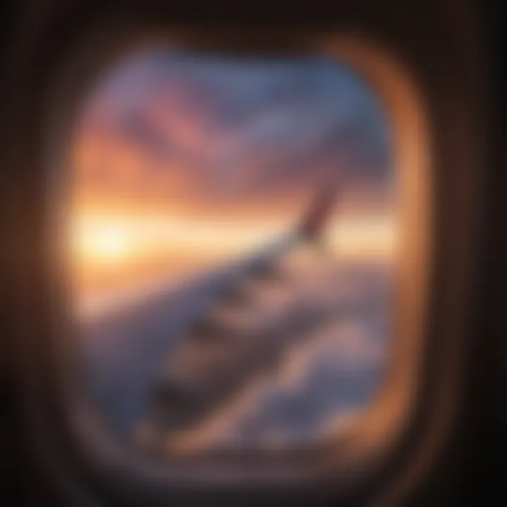 A stunning sunset view from an airplane window, representing spontaneous travel adventures.