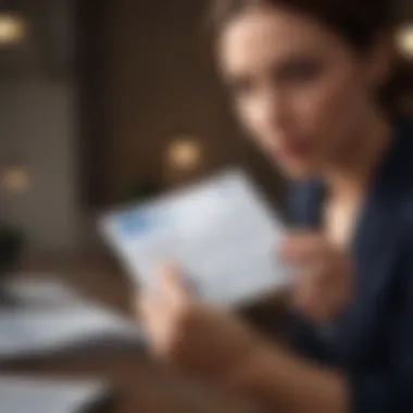 A close-up of a business professional reviewing financial documents with a credit card in hand.