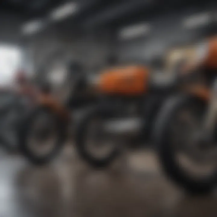 Different types of motorbikes displayed in a showroom.