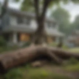 A fallen tree resting on a house after a storm