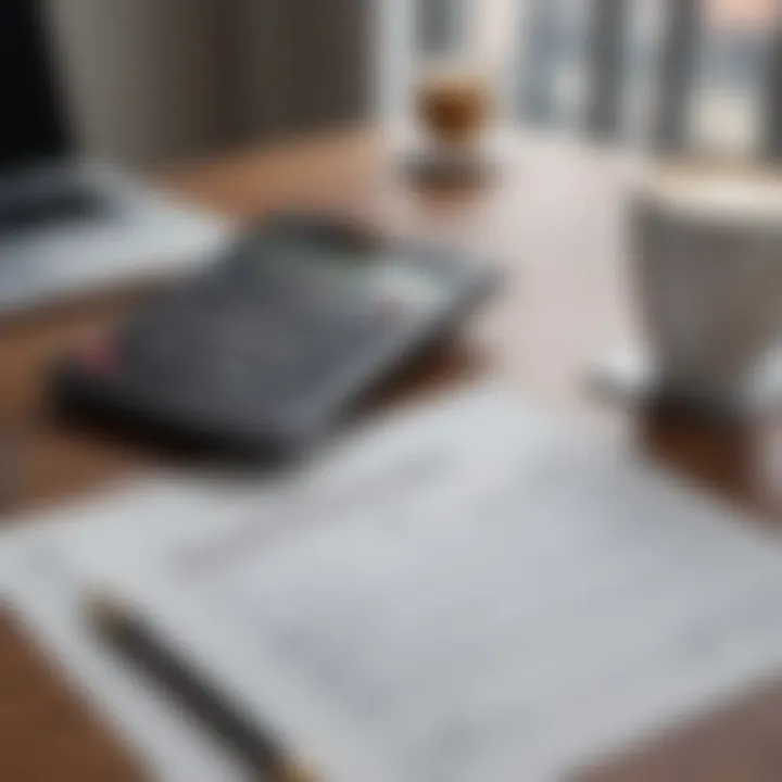 A calculator and financial plan on a desk with a cup of coffee.