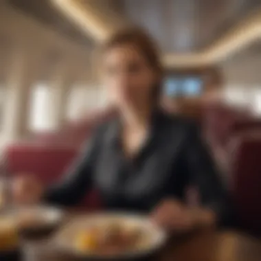 A traveler enjoying gourmet meals and exclusive services in first class