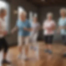 A serene fitness class for seniors with an instructor guiding participants through gentle exercises.