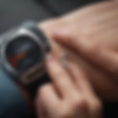 A close-up view of a fitness tracker displaying heart rate and activity levels.