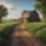 A scenic view of a farm with a rustic barn under a clear blue sky