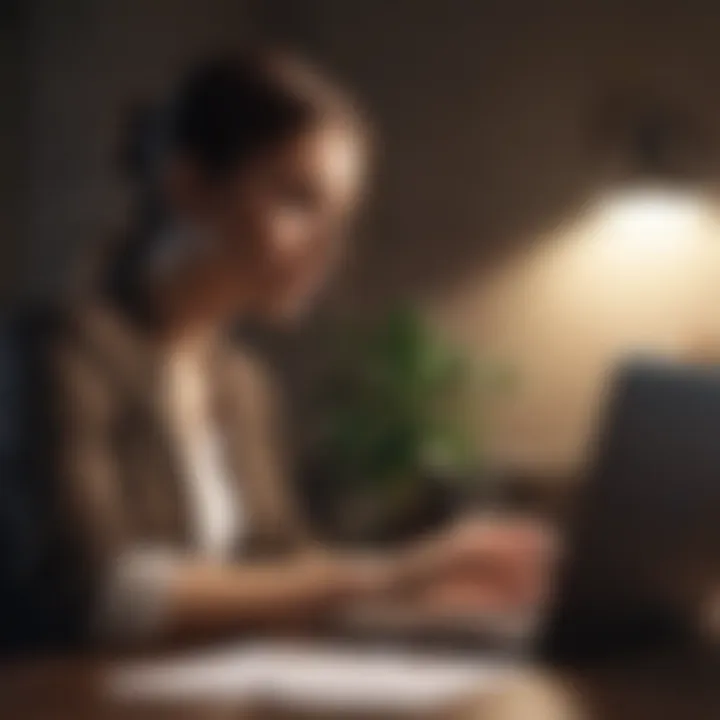 A young professional reviewing financial documents on a laptop.