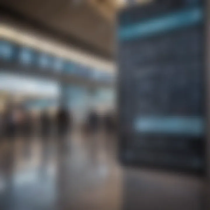 An airport scene with digital flight information displays