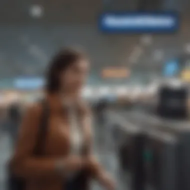 A traveler happily checking in at an airport