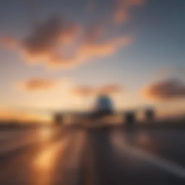 Airplane taking off against a sunset backdrop