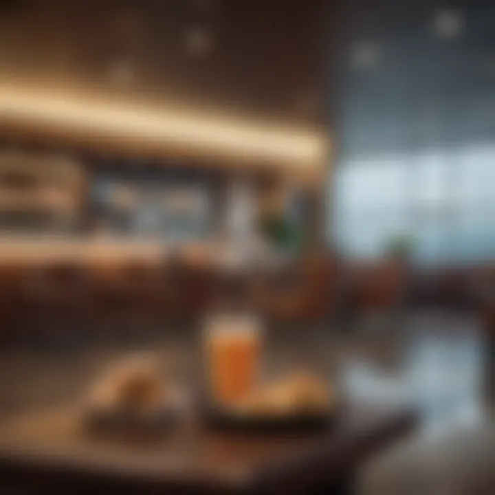 Traveler enjoying refreshments in a serene airport lounge setting