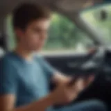 A teenager contemplating car insurance options with a digital tablet