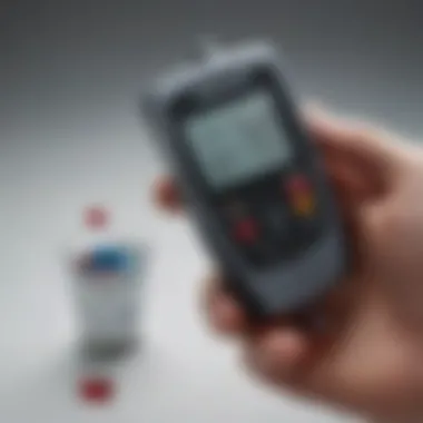 A close-up of a glucometer displaying blood glucose reading