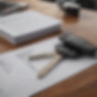 A close-up of car keys resting on a table with legal documents