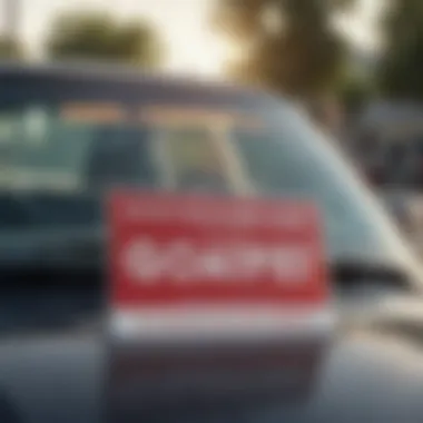 A close-up of a for-sale sign placed on a car windshield, indicating its availability.