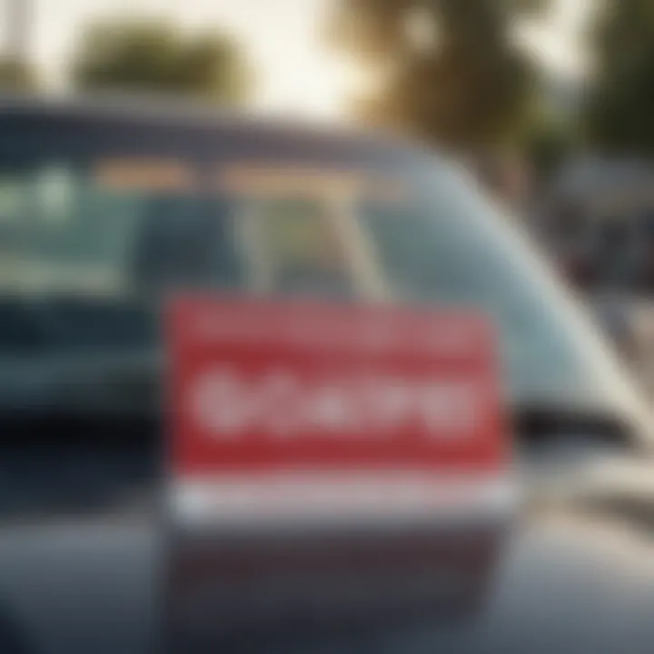 A close-up of a for-sale sign placed on a car windshield, indicating its availability.