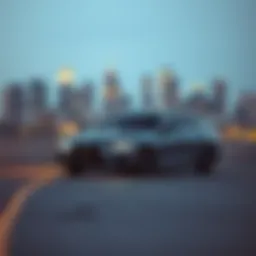 Luxury sedan parked against a city skyline
