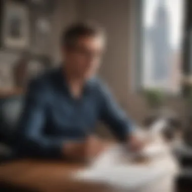 A person contemplating insurance documents in a home office setting