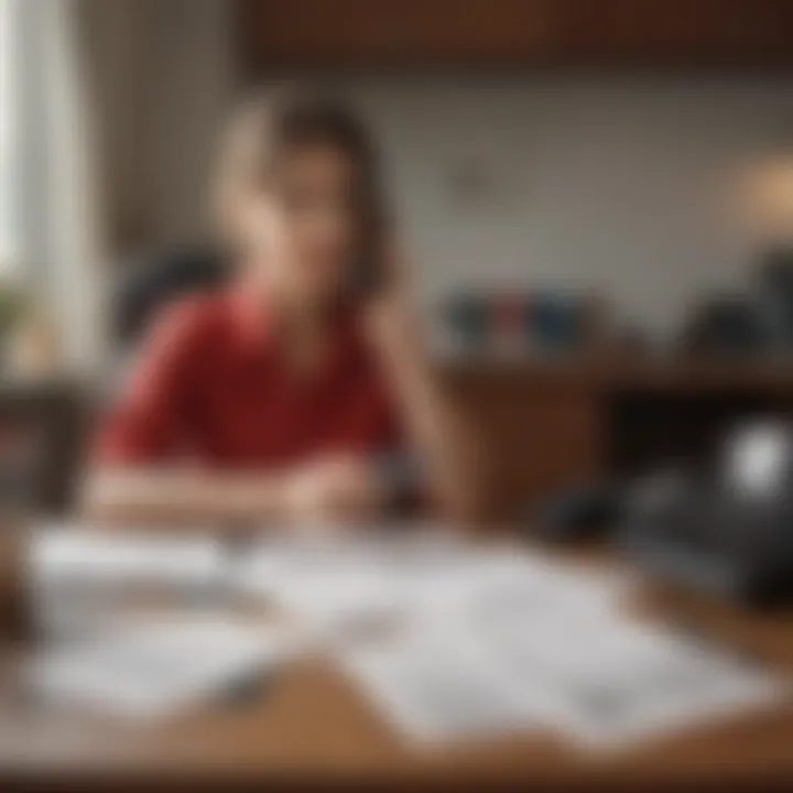 A person sitting at a desk with a phone and insurance documents ready for a call.