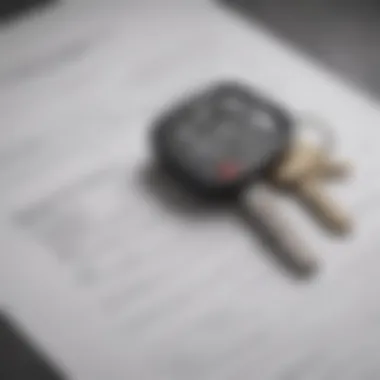 A close-up of a car key and policy documents, representing policy selection and claims process.