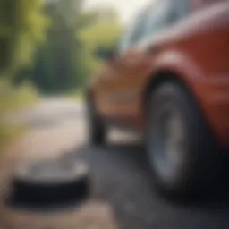 A serene roadside scene showcasing a vehicle with a flat tire.