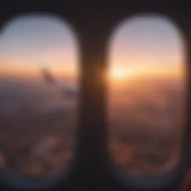 A scenic view from an airplane window during sunset