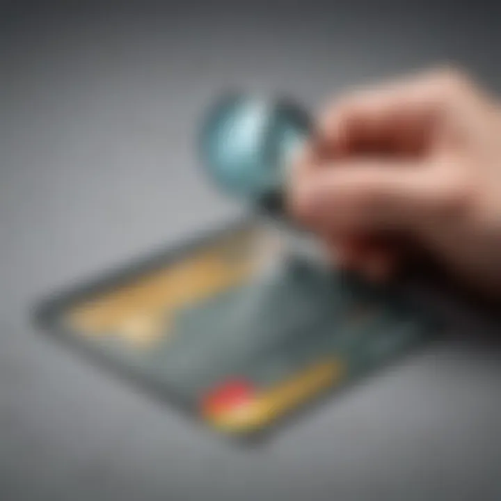 A close-up of a credit card with a magnifying glass highlighting transaction details.