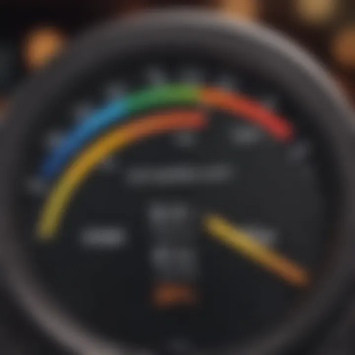 A close-up of a credit score meter indicating fair credit range