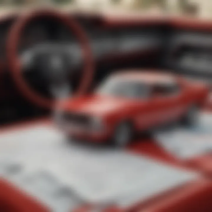 A close-up of a red car's dashboard with insurance documents laid out.