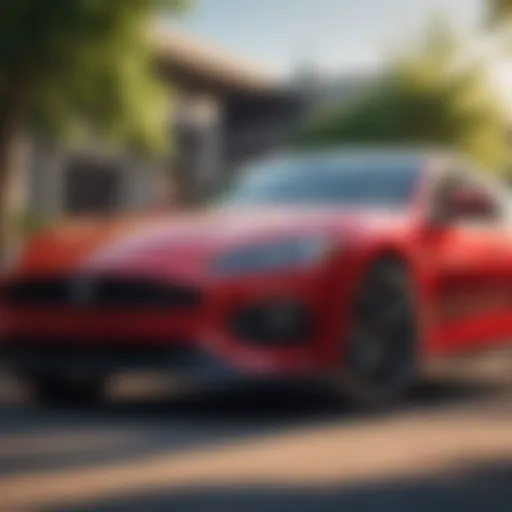 A striking red car parked under sunlight highlighting its vibrant color.