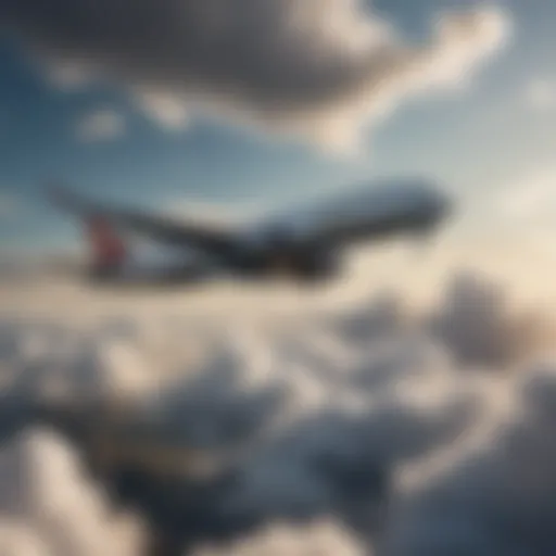 A serene landscape featuring an airplane soaring through the clouds, symbolizing travel and adventure.