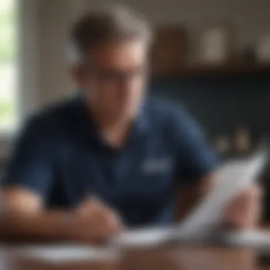 A thoughtful individual reviewing insurance documents with a digital device