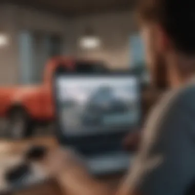 A close-up of a truck owner reviewing insurance quotes on a laptop