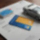 Close-up of a credit card and car insurance documents on a table