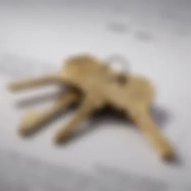 A close-up of keys resting on a contract, symbolizing land ownership.