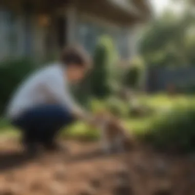 A homeowner inspecting potential animal-related damage in the backyard