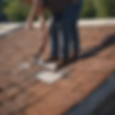 A professional inspecting a damaged roof for insurance claim