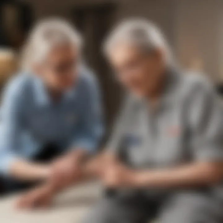 A caregiver assisting an elderly individual using a life alert system.