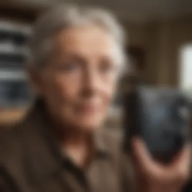 An elderly person using a personal emergency response system at home.