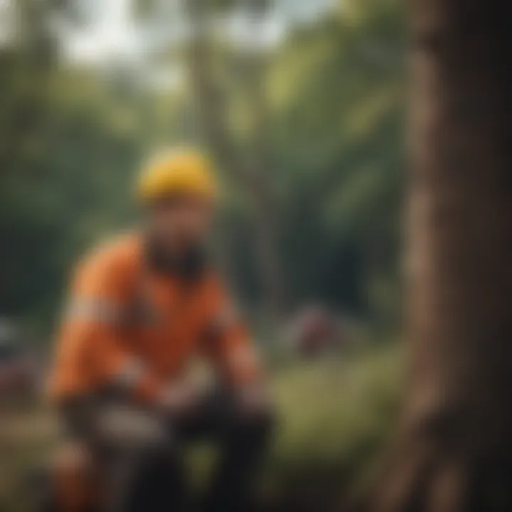 Tree service professional assessing risks in an outdoor environment.