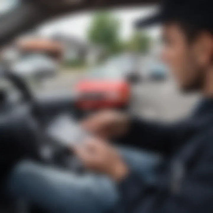 A close-up of a driver presenting their insurance card during a traffic stop.