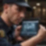 A police officer reviewing a digital device to check insurance status.