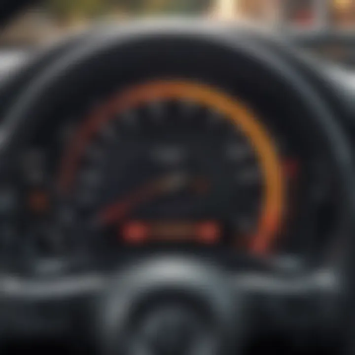 A close-up view of a car dashboard displaying low mileage