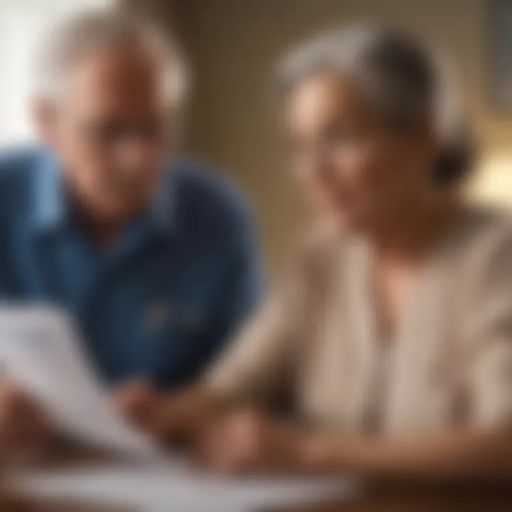 A thoughtful elderly couple reviewing health insurance documents.