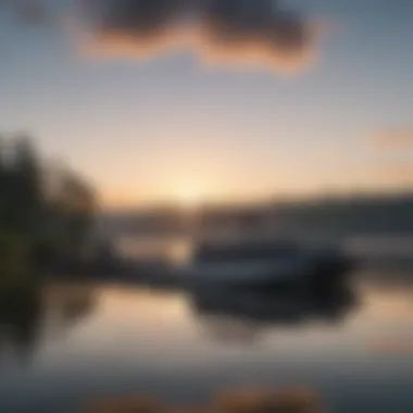 A serene view of a pontoon boat floating on calm waters