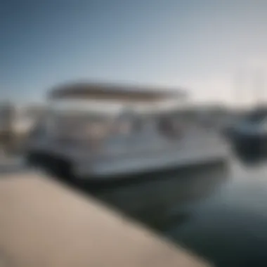 A pontoon boat docked at a marina, showcasing a sense of ownership and investment