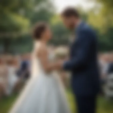 A couple sharing a moment at an outdoor wedding with guests in attendance